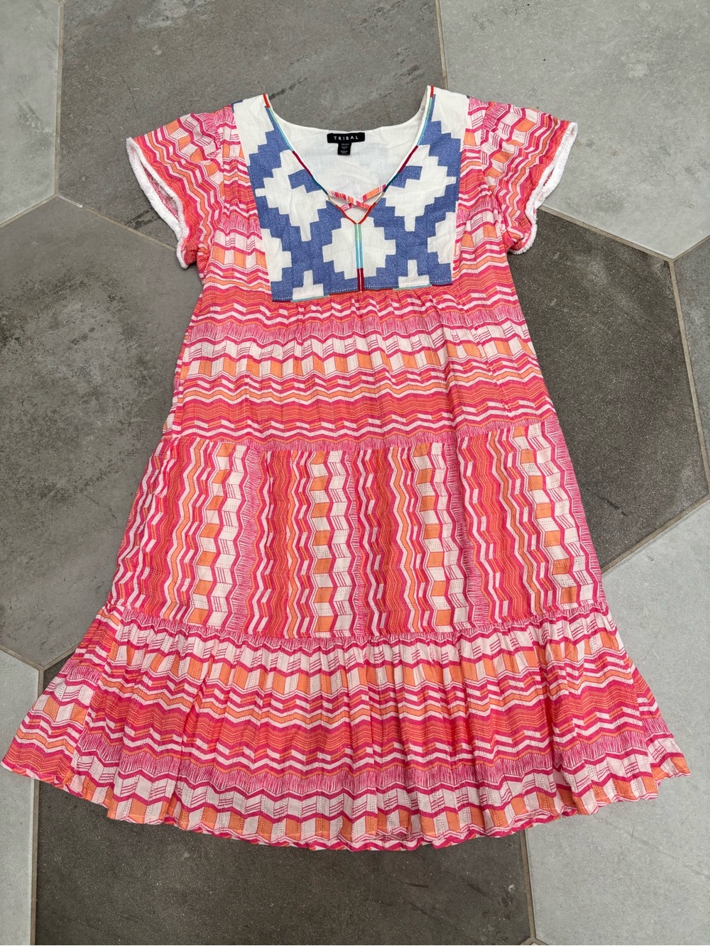 Tribal Coral Pink Blue Geometric V-Neck Midi Dress XS